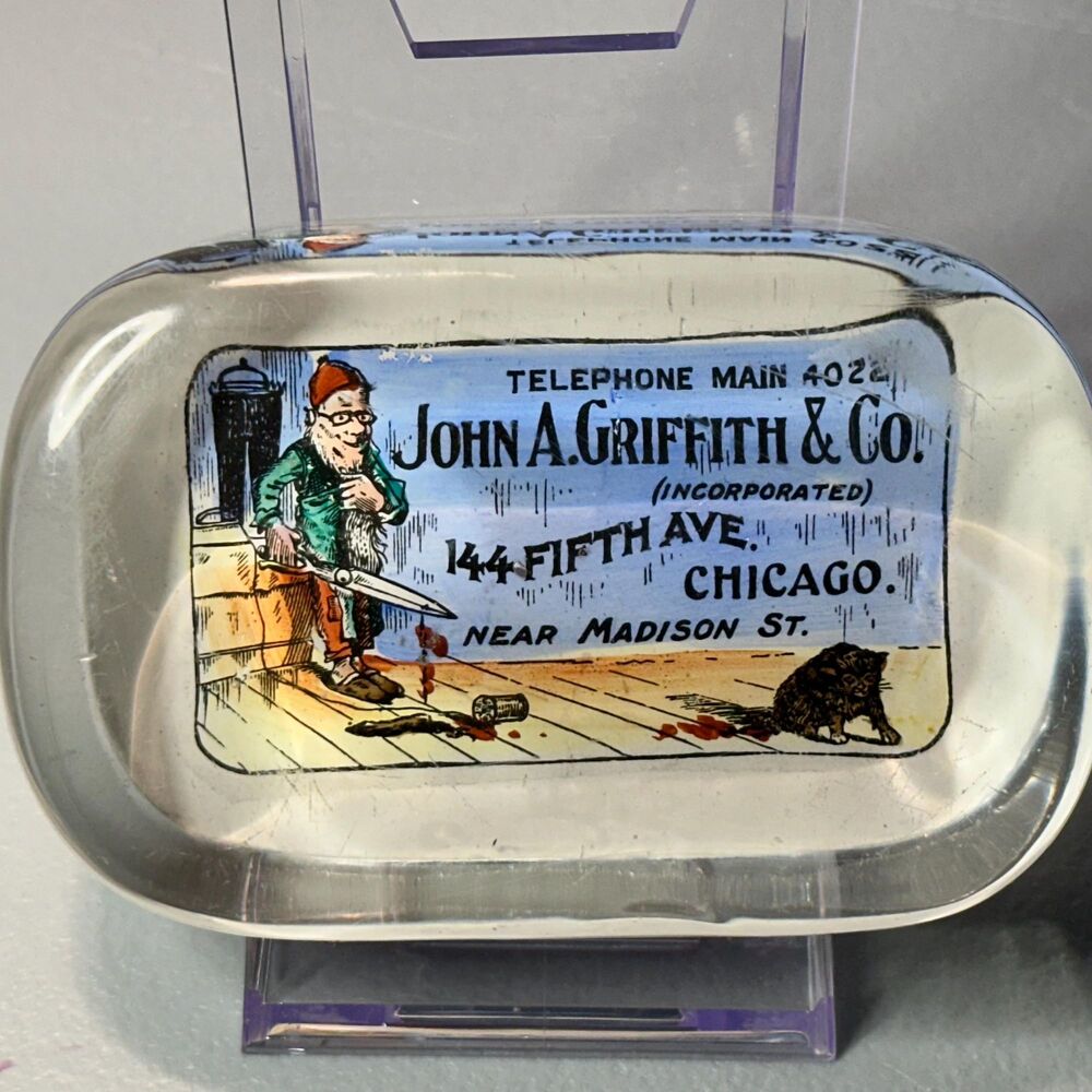 Odd Macabre Advertising Glass Paperweight Chicago Tailor - 2 Chips bottom edge